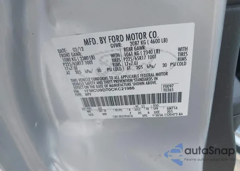 2012 Ford Escape Xlt z USA, uszkodzony, nr VIN 1FMCU9D70CKC21986